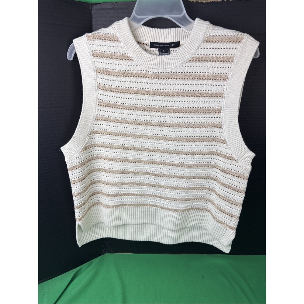 French Connection Women Ivory Sleeveless Crochet Pullover Sweater Vest Large